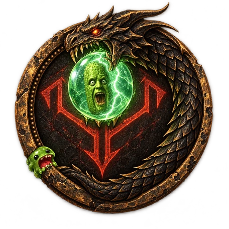 The Pickled Wyvern: a dragon coiled around a Divine Orb containing a pickle, with a slime gnawing the rim